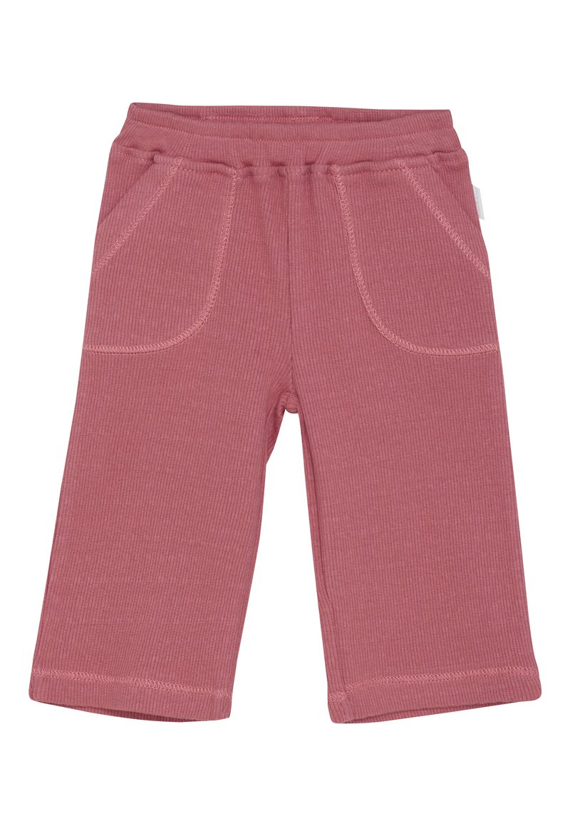 Rosa gerippte Stoffhose für Kleinkinder mit elastischem Bund und zwei frontalen Taschen, flach ausgelegt.