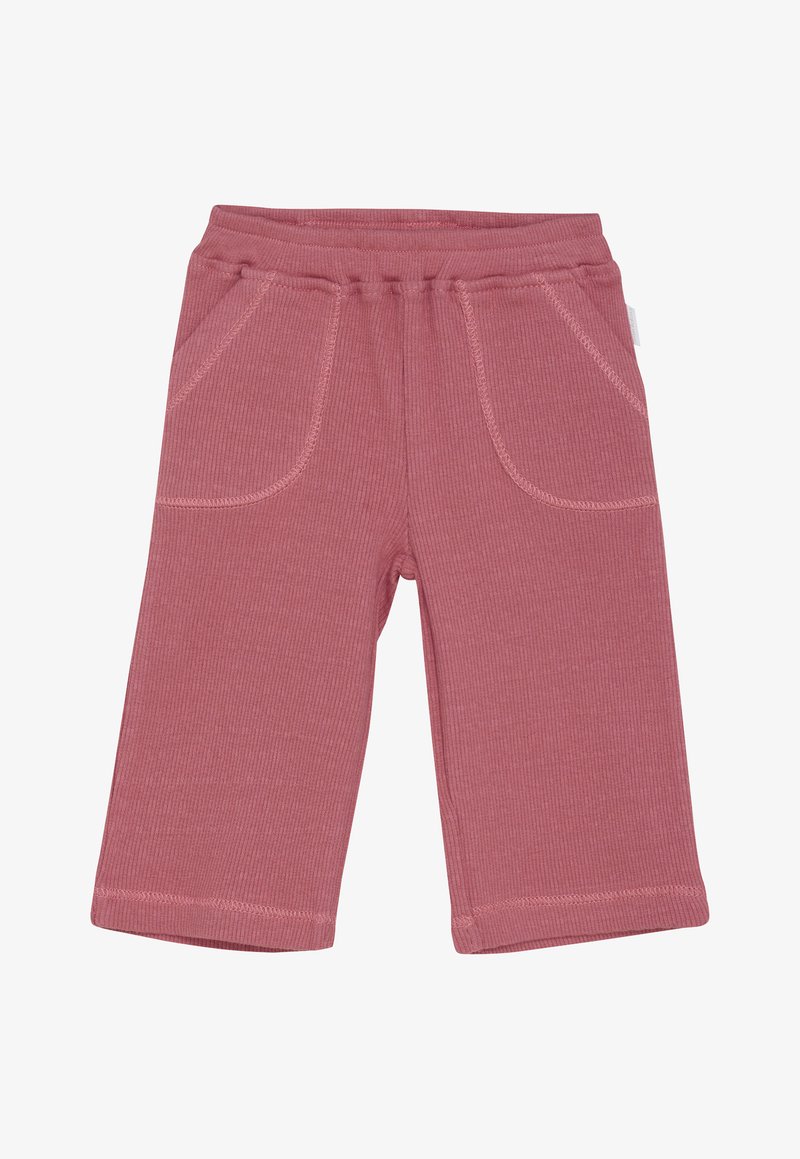 Rosa gerippte Stoffhose für Kleinkinder mit elastischem Bund und zwei frontalen Taschen, flach ausgelegt.