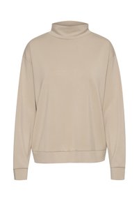 Sweat-shirt col roulé beige à manches longues, coupe décontractée, poignets et ourlet côtelés, fabriqué en tissu doux et lisse avec un design minimaliste.
