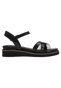 Sandale noire avec un talon compensé, présentant des brides en cuir synthétique, une section transparente au niveau des orteils et une semelle texturée pour une meilleure adhérence.