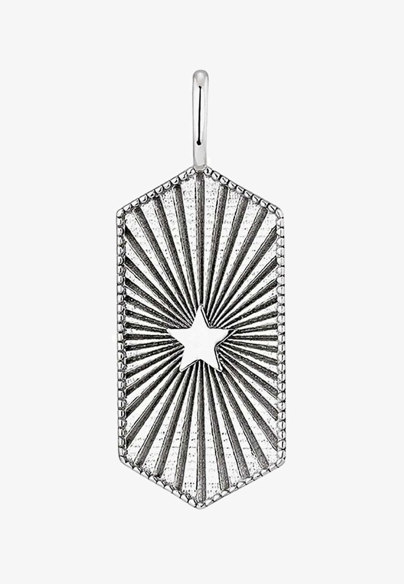 Colgante geométrico de plata con un diseño de explosión solar y un acento central en forma de estrella. La superficie texturizada y los bordes pulidos realzan los detalles.