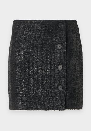 Black tweed skirt with a textured surface, featuring five buttons on the left side, and a straight silhouette.