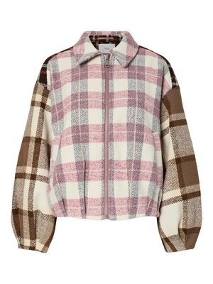 Καρό σακάκι με αποχρώσεις ροζ, εκρού, καφέ και γκρι. Μαλακό ύφασμα με γιακά, φερμουάρ μπροστά και στρογγυλεμένα, φουσκωτά μανίκια.