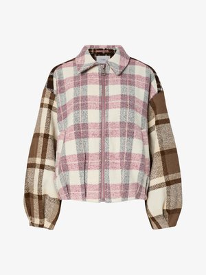 Károvaná bunda s odtieňmi ružovej, krémovej, hnedej a sivej. Mäkká látka s golierom, predným zipsom a zaoblenými, nafúknutými rukávmi.