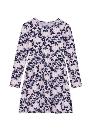 Langarm-lavendel Kleid mit schwarzem und blassrosa Blumenmuster, rundem Halsausschnitt und gerafftem Bund.