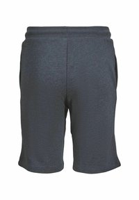 Shorts de sport gris foncé avec un tissu texturé, taille élastique et deux poches latérales. Longueur mi-cuisse avec une coupe décontractée.