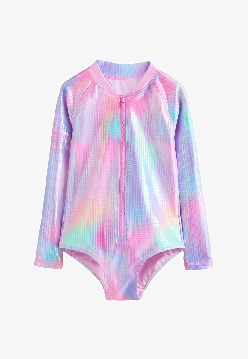 Costume da bagno a maniche lunghe in colori pastello iridescenti con motivo diagonale, dotato di una zip frontale e tessuto liscio e lucido.