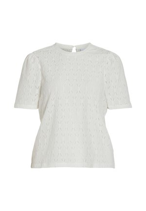 Top blanc à manches courtes avec un motif texturé en dentelle, décolleté rond et détail de dos en trou de serrure. Tissu doux et léger.
