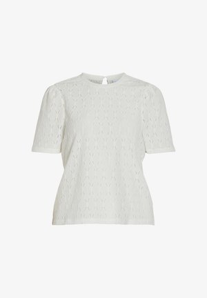 Top corto bianco a maniche corte caratterizzato da un motivo testurizzato simile a pizzo, con scollatura rotonda e dettaglio a chiave sul retro. Tessuto morbido e leggero.