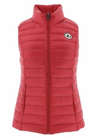Red padded vest with a high collar, front zip closure, horizontal quilted texture, and a small logo patch on the left side.