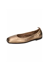 Ballerina piatta in pelle oro metallico, con punta rotonda, scollatura elasticizzata e superficie liscia e testurizzata.