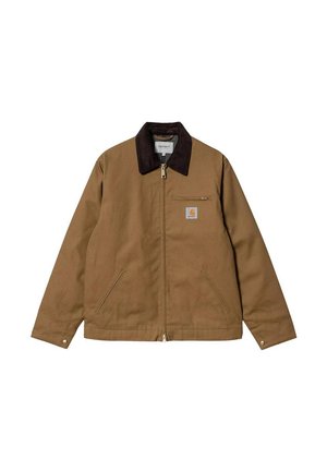 Chaqueta de trabajo marrón con cuello negro, cremallera frontal, dos bolsillos laterales inclinados y un bolsillo en el pecho con cremallera y parche con logo.