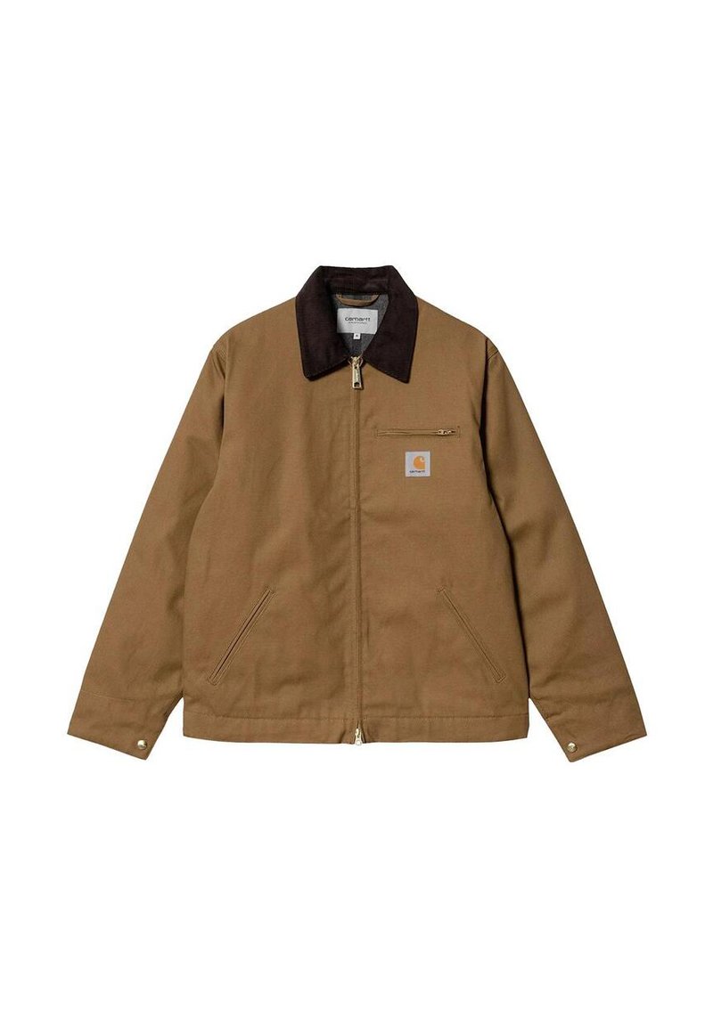 Brown work jacket with black collar, front zipper, two angled side pockets, and a zipped chest pocket with a logo patch.