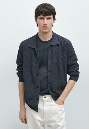 Jeune homme aux cheveux foncés portant un cardigan côtelé bleu foncé sur une chemise foncée et un pantalon blanc, debout devant un fond clair uni.