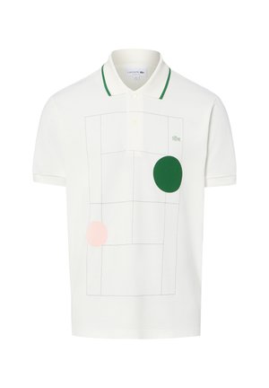 Weißes kurzärmeliges Poloshirt mit grünen und pinken Kreisen und einem grün abgesetzten Kragen, mit kleinem besticktem Logo auf der Brust.