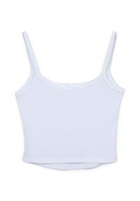 Camisola bianca con spalline sottili, realizzata in un tessuto elasticizzato e liscio. Presenta un design semplice e aderente con bordi rifiniti.