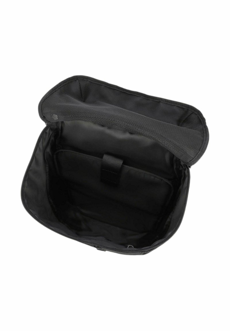Sac noir à fermeture éclair avec un extérieur lisse, doté d'une poche en mesh et d'une sangle sécurisée à l'intérieur. Intérieur spacieux, conçu pour l'organisation.