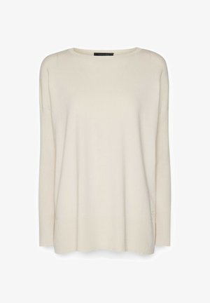 Helles beige Strickpullover mit rundem Ausschnitt, langen Ärmeln, gerippten Bündchen und Saum, mit einem dezenten Logoakzent nahe dem Saum.