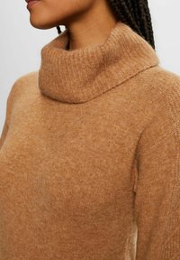 Pull en couleur camel avec un col montant à côtes, texture douce et manches ajustées. Présente une finition lisse et chaude sans motifs.