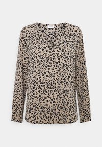 Beige Bluse mit langen Ärmeln, V-Ausschnitt und schwarzem Leopardenmuster. Hergestellt aus weichem Stoff mit lockerer Passform.