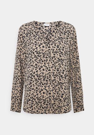 Blusa beige a maniche lunghe con scollo a V e motivo a stampa leopardo nera. Realizzata in morbido tessuto con una vestibilità comoda.