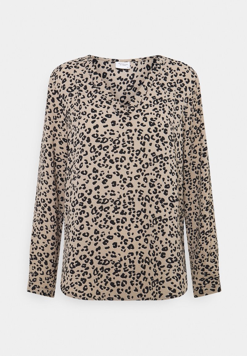 Beige Bluse mit langen Ärmeln, V-Ausschnitt und schwarzem Leopardenmuster. Hergestellt aus weichem Stoff mit lockerer Passform.