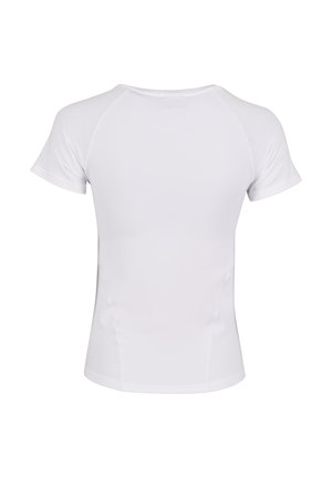 T-shirt blanc à manches courtes avec un col rond et des manches raglan. Fabriqué dans un tissu lisse et extensible, il présente une silhouette ajustée.