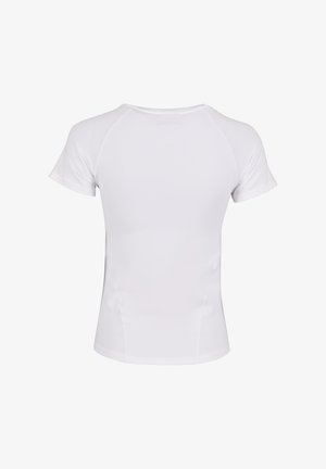 Valkoinen lyhythihainen t-paita, jossa on pyöreä kaula-aukko ja raglan-hihat. Valmistettu sileästä, joustavasta kankaasta, joka tuo esiin muotoiltua siluettia.