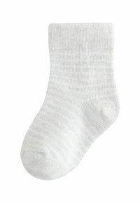 Sosete rigate de culoare gri deschis, fabricate din material moale. Au lungime până la gleznă și manșetă ribată. Prezintă o textură netedă și un vârf rotunjit.