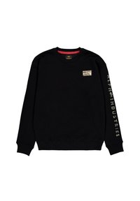 Fekete, pamut keverékből készült pulóver. Kerek nyakú dizájn, amelyen egy téglalap alakú logófolt található a mellkason, valamint "ALPHA INDUSTRIES" felirat a dekoráción.