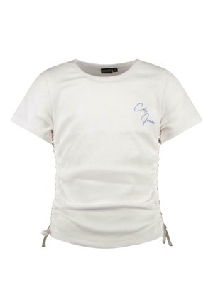 Witte ribbed t-shirt met korte mouwen, met geplooide zijkanten en details van een koordje. Heeft lichtblauwe geborduurde tekst op de borst.