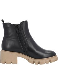 Czarne skórzane botki za kostkę z bocznym zamkiem, masywna beżowa gumowa podeszwa oraz teksturowane detale na krawędzi podeszwy, minimalistyczny design.