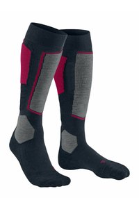 Kniestrümpfe in dunklem Blau, Grau und Magenta. Strukturierter Stoff mit verstärkten Bereichen und einem Paneeldesign zur Unterstützung.