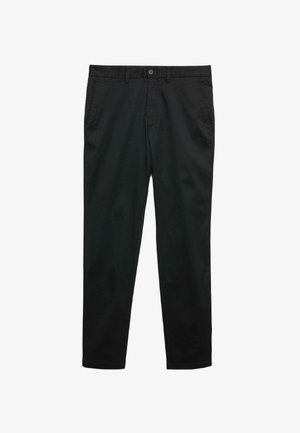 Schwarze Hose aus einem glatten Stoff, mit geradem Beinschnitt, Gürtelschlaufen und Fronttaschen. Mit Knopf- und Reißverschluss.