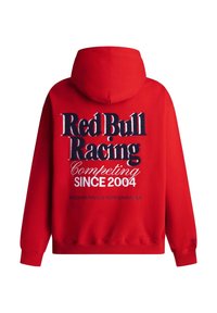 Sudadera con capucha roja con la inscripción "Red Bull Racing Competing Since 2004" bordada en letras grandes negras, blancas y rojas en la espalda.