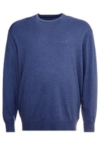 Maglione blu realizzato in un morbido tessuto, con scollo rotondo, maniche lunghe, polsini a coste e un piccolo logo sul petto.