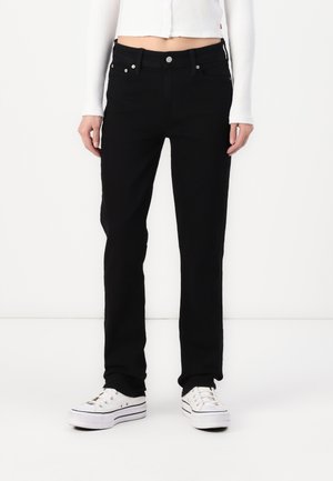 Black denim jeans with a straight leg design, featuring a button and zip closure, front pockets, and silver hardware accents.
