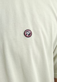 Jasnozielona koszulka bawełniana z okrągłą, czarną naszywką z białym i czerwonym logo. Miękka w dotyku, z krótkimi rękawami i okrągłym dekoltem.