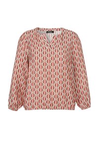 Blouse à motifs rouge et crème avec un col en V, des manches longues et des poignets élastiques. Présente des motifs géométriques en forme de feuilles et un léger éclat.