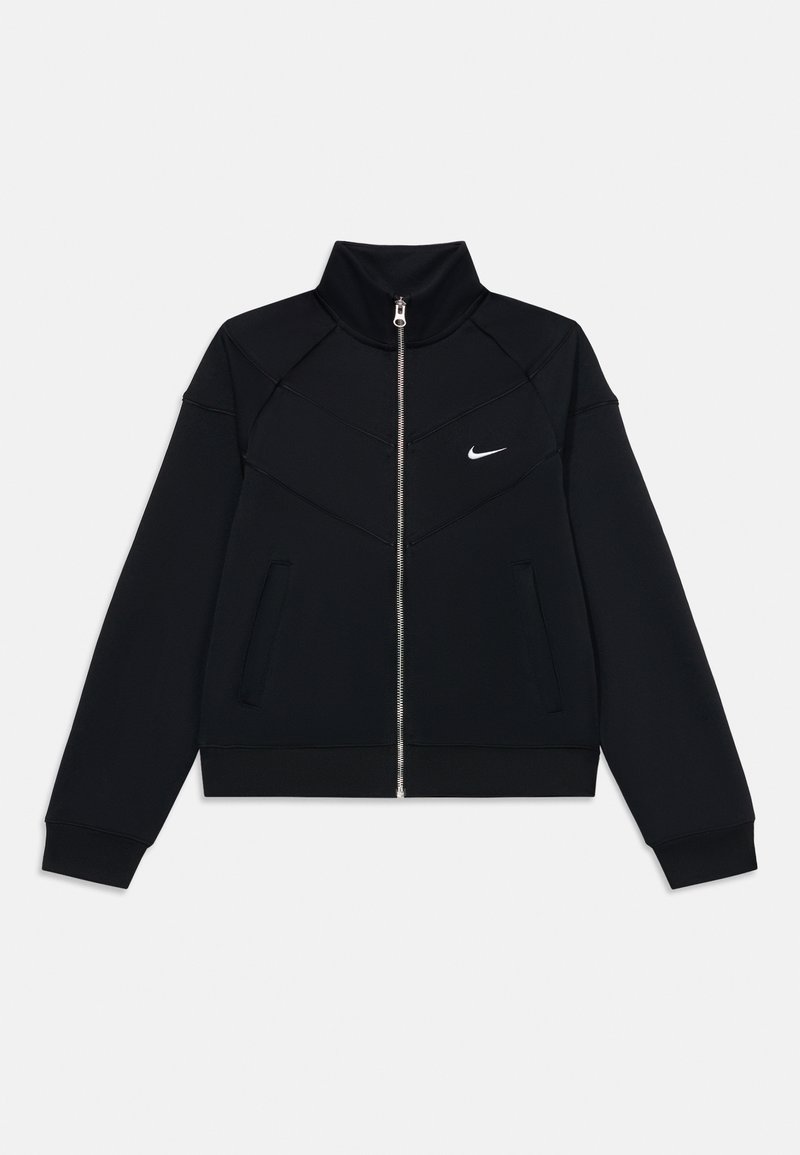 Black Nike jacket featuring a high collar, front zipper, two side pockets, and a textured design with a white logo on the left chest area.