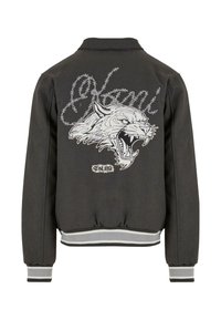 Black bomber jacket with a gray embroidered wolf head and barbed wire design on the back. Features ribbed cuffs and hem.