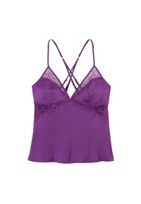 Camisole en satin violet avec des accents en dentelle. Dispose de bretelles croisées et d'une coupe fluide. Dentelle délicate au niveau de l'encolure et de l'ourlet.