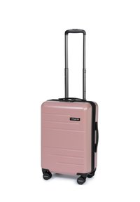 Valigia rigida di colore rosa chiaro, con linee orizzontali, dettagli in cerniera nera, manico retrattile e quattro ruote nere per la mobilità.