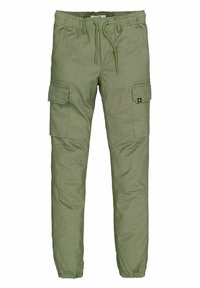 Groene cargobroek met een elastische tailleband, verstelbare trekkoord en zijzakken. Gemaakt van een lichte, duurzame stof.