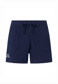 Pantaloni sportivi blu navy realizzati in tessuto morbido, con vita regolabile tramite coulisse, due tasche laterali e un logo bianco in basso a sinistra.