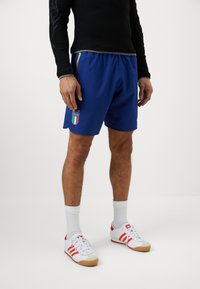 Calções de desporto azuis com um logótipo "Italia", feitos de material leve. Estilizados com meias brancas e ténis brancos com riscas vermelhas.