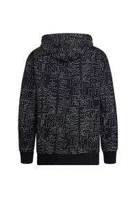 Sudadera negra con capucha que presenta un patrón gráfico blanco repetido con texto y formas abstractas. Incluye capucha con cordón y puños acanalados.