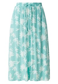 Jupe aqua avec un motif de palmiers, confectionnée en tissu léger et texturé, dotée d'une ceinture élastique et d'un cordon de serrage ajustable.