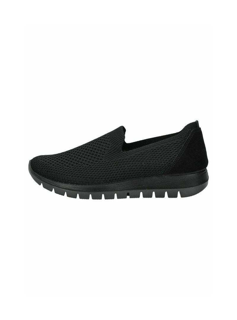 Scarpe slip-on nere con tomaia in rete e dettagli in suede, dotate di una suola in gomma testurizzata e un design snello.