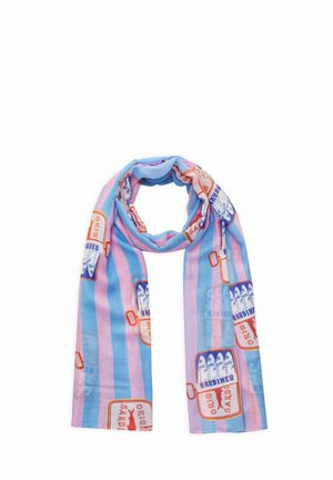 Light blue and pink striped scarf with repeated vintage-style sardine can illustrations in red, blue, and white colors.